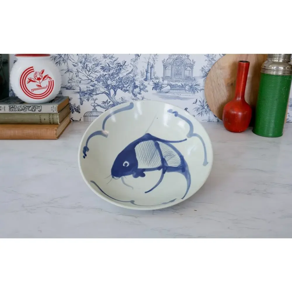 VTG Blue White Koi Fish Bowl 9